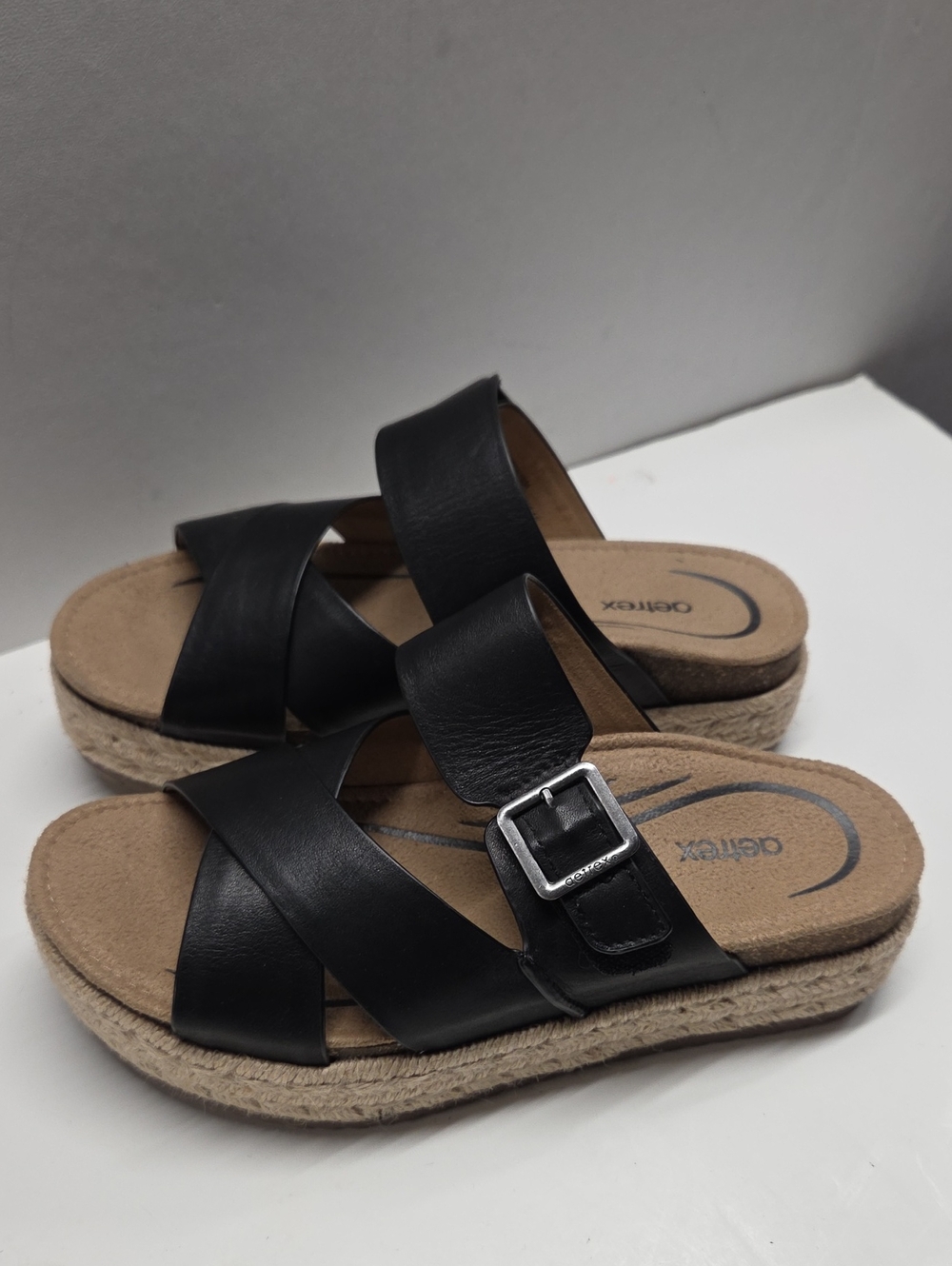 Aetrex Black  Leather Cross-Strap Wedge Slide Sandals Size 36